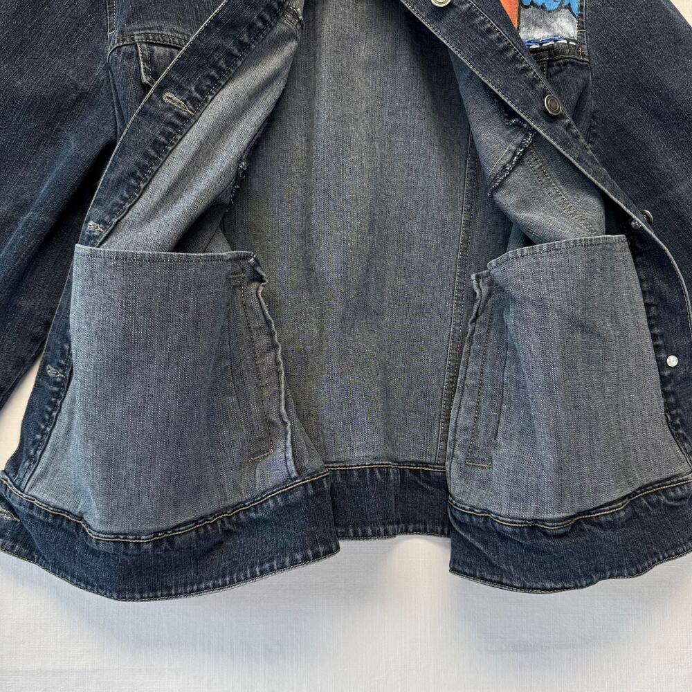Upcycled Cotton Denim Jacket Women's Size XL Medium Wash Blue Art To Wear Sunset - Picture 8 of 11